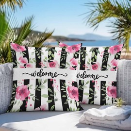 Throw Pillow Covers 18x18 Inch Set of 2, Pink Red Flower Waterproof Outdoor Cushion Covers, Watercolor Floral Leaf Black White Stripe Decorative Pillowcases for Couch, Sofa, Bed, Garden, Patio
