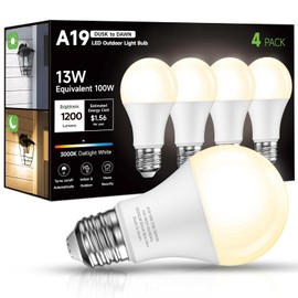Eastiya Dusk to Dawn Sensor LED Outdoor Light Bulb, Warm White 3000K, A19 13W(100 Watt Equivalent) Bright Porch Lighting, 1200LM, Auto-On/Off Photocell Sensor for Garage Yard Patio Garden-4 Pack