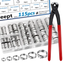 115Pcs 10-Sizes 304 Stainless Steel Single Ear Hose Clamps with Ear clamp plier 6-28.6mm Crimp Hose Clamps Assortment Kit for Auto/Home Appliance/Pipe/Fuel Line Stepless hose clamp with pincer