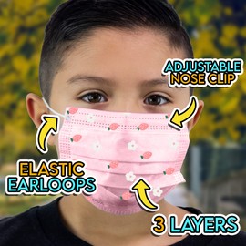 ASTM Level 3 Face Masks Disposable for Kids Made in USA Nose Bridge Breathable Comfortable Colored School Church Park (50 Pack, Strawberry)