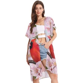 Kjovgcb Women's Swimwear Cover Ups, Short Sleeve Summer Beach Casual Loose Cardigans Kimono Swimsuit Coverups M Print Red Cardinal Bird on Branch Almonds Blossom Flowers