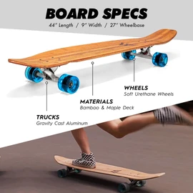 Magneto Kicktail Cruiser Longboard Skateboard - 44" x 9", Blue - Bamboo Deck & 70mm 78A Wheels - Adult Longboard Skateboard for Commuting, Carving & Downhill Riding