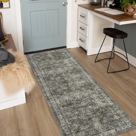 LUXLOOM Washable Runners for Hallways 2x6 Entryway Rug Vintage Distressed Rug Non Slip Kitchen Rugs Bathroom Rug Retro Floor Mats for Laundry Entry Bedroom Stain Resistant Carpet 2'x6' Brownish Green