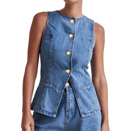 Kedera Women Denim Vest Sleeveless Crewneck Button Down Jean Waistcoat Casual Front Slit Slim Denim Tank Top