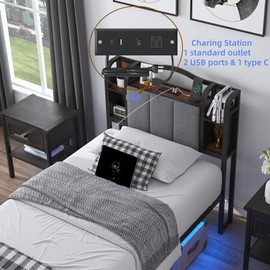 AROMUSTIME Twin XL Size Bed Frame with Upholstered Headboard & Footboard, Metal Bed Frame with LED Lights & Charging Station, No Box Spring Needed, Noise-Free Easy Assembly, Large Under Bed Storage