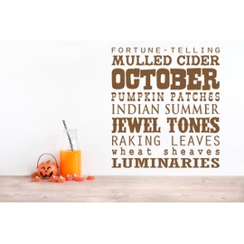 26"x24" October Collage Saying Fortune Telling Mulled Cider Pumpkin Patches Indian Summer Raking Leaves Luminaries Wheat Sheaves Wall Decal Sticker Art Mural Home Decor