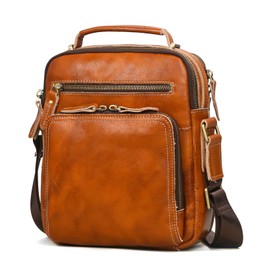 LANNSYNE Men's Shoulder Bag, Genuine Leather, Crossbody Bag, Large Capacity, Compatible with 10.5 inch iPads, Shoulder Bag, Casual, Work, School, Outdoors, yellow brown