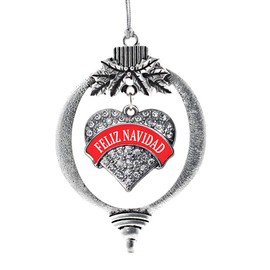 Inspired Silver - Feliz Navidad - Silver Christmas Ornament - Pave Heart Charm Christmas Tree Ornament with Cubic Zirconia - Holiday Hanging Decoration