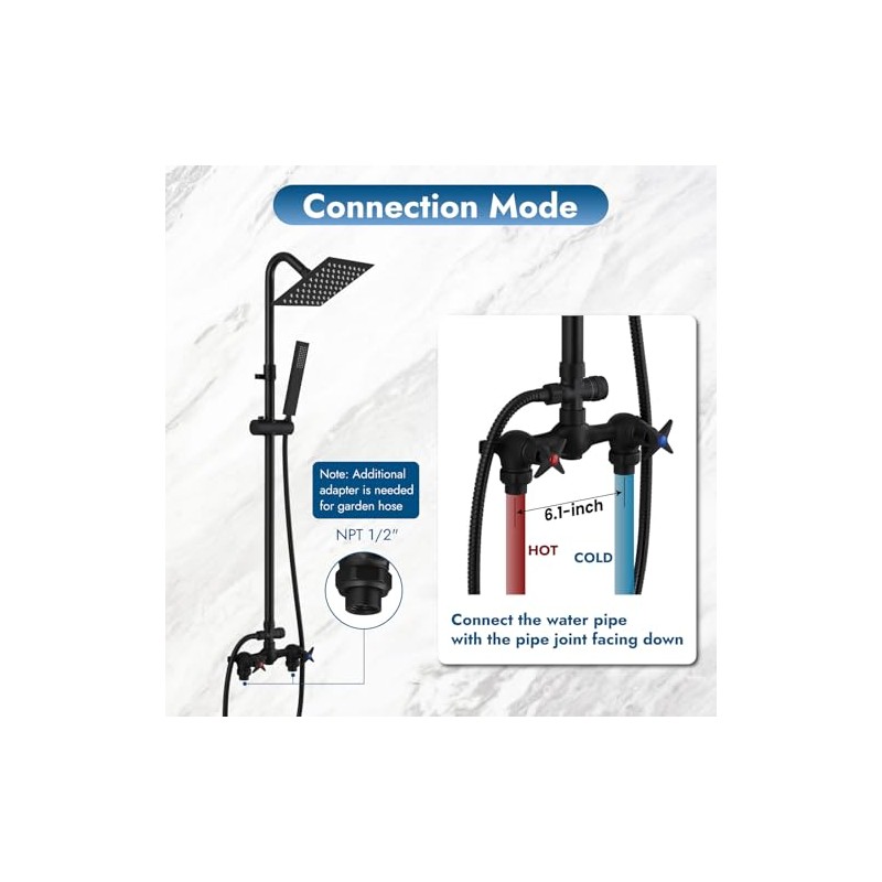 Wall Mounted Outdoor Shower System Matte Black 6" Square Rainfall