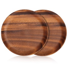 Ayiaren 12 Inch Best Acacia Wooden Dinner Plates Set of 2, Round Wood Serving Tray Wooden Plates for Eating Salad Fruit Food Dishe Platter Charcuterie Boards Charger Plate Cheese Serving Board