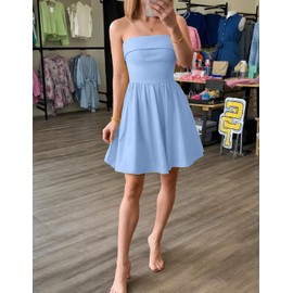 ZESICA Women's Summer Strapless Mini Dress 2025 Sexy Off Shoulder High Waist A Line Swing Party Short Dresses,Blue,Small