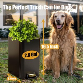 Yatmung Small Metal Trash Can with Lid - Dog Poop Trash Can Outside with Pedal - 10 Liters Pet Waste Container Outdoor - Plant-Styled Poop Bucket - 2.6 Gal Stainless Steel Garbage Bin - Black and Gold