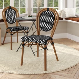 Flash Furniture Lourdes Indoor/Outdoor Commercial Thonet Bistro Stack Chair - Black/White PE Rattan Back and Seat - Natural Bamboo Print Metal Frame