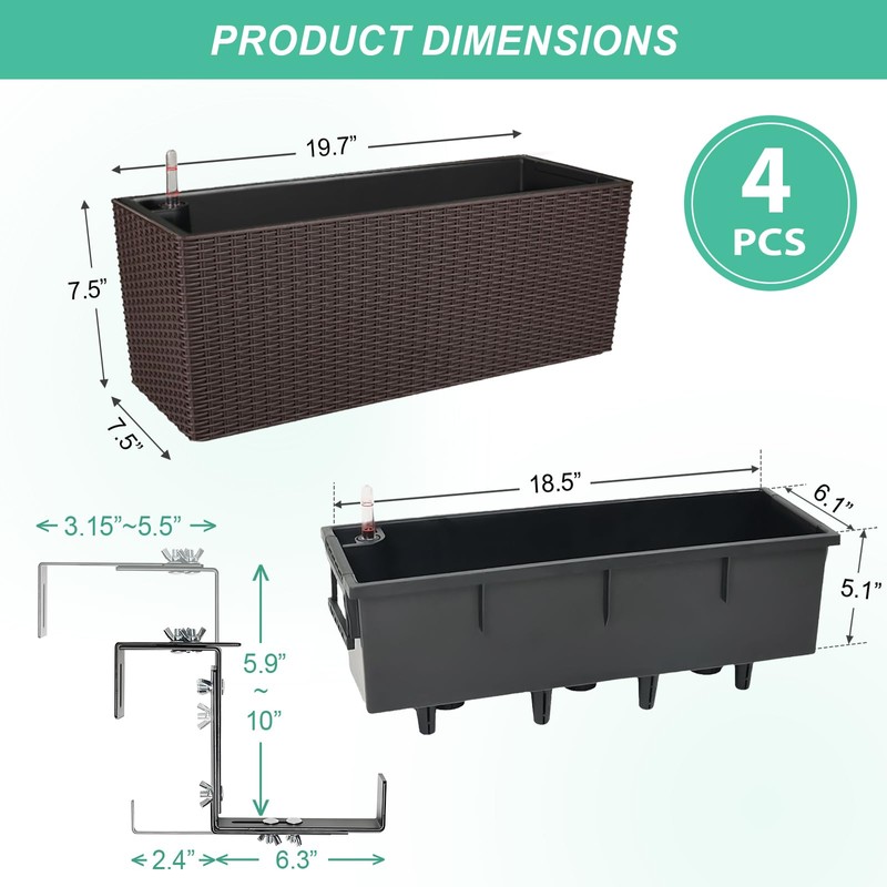 Aoodor 4Pcs 19.5" Rectangular Window Box Wall Mount/Railing Planter, Self-Watering