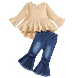 18 Months Girl Clothes Toddler Girl Jeans Outfits Apricot Top Shirt Denim Pants Cute Girl Clothes Little Girl Clothes 2T Toddler Girl Clothes 18-24 Months