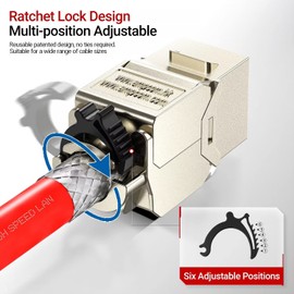 AMPCOM CAT7A Keystone Jack Ratchet Zip-tie Design, 10Gbps 600Mhz Shielded Zinc-Alloy RJ45 Tool-Free Keystone Connector 2-Pack