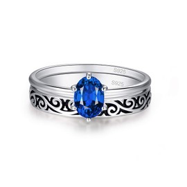 AVECON Bridal Ring Set Sterling Silver Vintage Created Sapphire Wedding Rings Set for Women Size 5