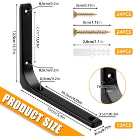 LOPYXBR Pack of 12 Shelf Brackets Black 150 x 125 mm Metal Angle 90 Degree Angle Shelf with Screws Shelf Brackets for Wall Mount Shelf Corner Shelf Wooden Furniture
