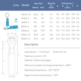 HKS 50 PCS Ring Terminals 5/16" Blue 16-14 AWG - M8 - Electrical Connectors - Heat Shrink Wire Connector Kit - Tinned Red Copper - Automotive Marine Ring Connectors - Waterproof and Insulated