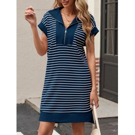 Wenrine Womens Striped Mini Dress Casual Zipper V Neck Cap Sleeve Collared Loose Summer Knit Dresses Navy