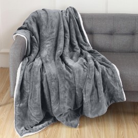 Elegant Comfort Throw Blanket, Reversible Sherpa Flannel, Ultra-Soft, Fuzzy, Cozy and Plush- All Season Lightweight Decorative Throw, 50 x 60 inches, Solid Sherpa Throw, Gray