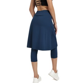 Women Knee Length Athletic Skirts with Leggings,Skirted Leggings Skorts Capris with Skirts for Women Skort Zipper Pockets(Navy Blue M)