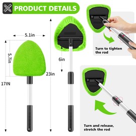 Windshield Cleaning Tool, 23-inch Extendable Handle Car Window Cleaner with 4 Reusable and Washable Microfiber Pads, Auto Glass Wiper Kit for Interior & Exterior, Ideal for Dirty Car Windows, Green