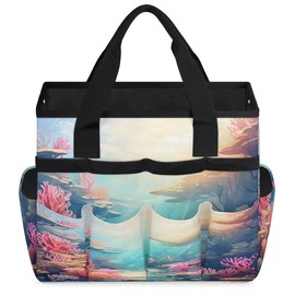 Oceanic Coral Garden Tool Bag Waterproof Garden Tool Storage Bag Heavy Duty Oxford Gardening Tool Bag with Handle & 10 Pockets for Men Women Outdoor Garden Lawn Yard