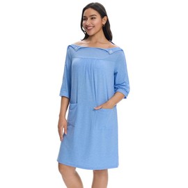 AprBark Women's Post Surgery Hospital Gown C Magnetic Shoulder Closures, Side Snaps, Pockets, Ruched Bust Adaptive Recovery Dress Dusty Blue