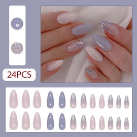 Hrnsnails Nails Press on, Almond Press On Nails Fake Nails Medium Length with Glitter Sequins Elegant Temperament Design, Acrylic Artificial False Nails Press Ons Stick On Nails for Women