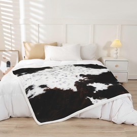 Manfei Cow Fur Throw Blanket White Black Brown Cowhide Bed Blanket for Kids Boys Room Decor, Animal Skin Print Fleece Blanket Farmhouse Cow Print Fuzzy Blanket, 40 x 50 Inches