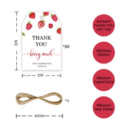 FORSHEEP 50pcs Strawberry Thank You Tags, Berry Sweet Party Favors Gift Tag with String, Berry Much Favor Tags for Baby Shower Party, Berry 1st Birthday Party Favors