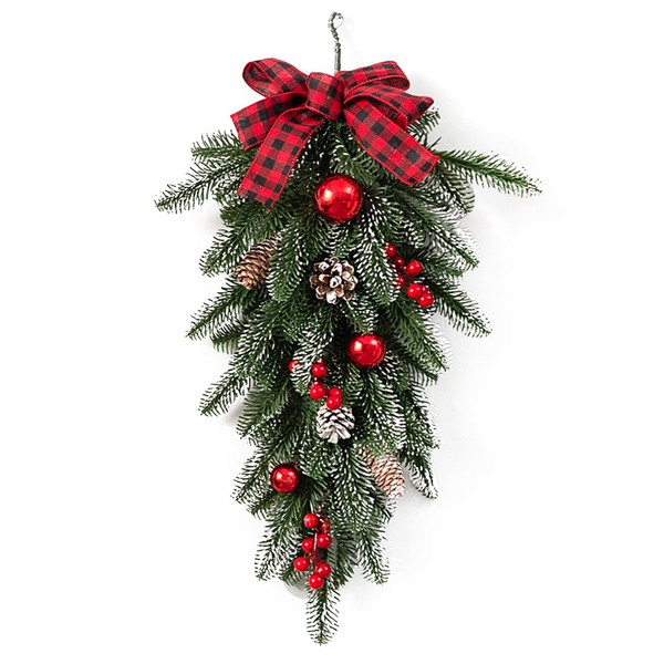 Fofetbfo 55 cm Artificial Christmas Teardrop Swag, Faux Pine Swag with Red Berries, Pine Cones, Bow and Ball Ornaments, Teardrop Door Swag for Wall Window Xmas Decor