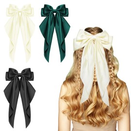 KXF 3 PCS Big Bow Hair Clip Long Silky Satin Ribbon Hair Clips Gift for Women Girls Lady Decorative Hair Barrettes Women Hair Fastener Wedding Hair Claws Ponytail Holder Hair Bow for Womens