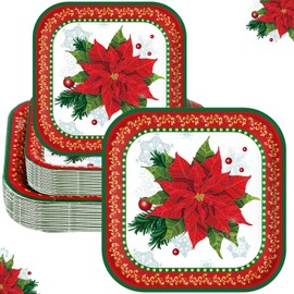Havawish 100 Pcs 2 Size Christmas Paper Plates Set,7 in 9 in Christmas Red Poinsettia Flower Disposable Plates Square Festive Dessert Plates for Xmas Holiday Party Dinner Tableware Supplies, Serve 50
