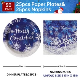 KTCNMER 50 Pcs Christmas Paper Plates and Napkins,Snowflake Winter Holiday Dinner Party Supplies,Serve 25