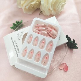 Valentine's Day Press on Nails Medium Fake Nails with Red Love Heart White Lines Design French Glitter Heart Nails Artificial Acrylic Nails Full Cover False Nails Glossy Glue on Nails for Women 24 Pcs