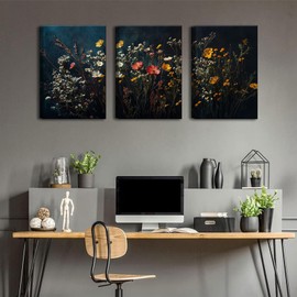 3Pcs Dark Dried Wildflowers Canvas Wall Art Minimalist Floral Wall decor prints Vintage Black Botanical painting pictures Aesthetic Flower Artwork for Living Room Bathroom Bedroom Decoration,12x16in