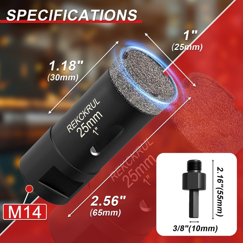 REKCKRUL 1 Inch Dry Diamond Core Drill Bits, 25mm Vacuum