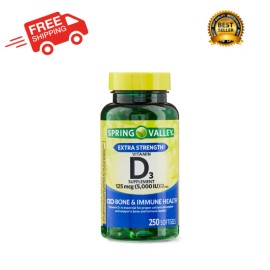 Spring Valley Vitamin D3 Softgels, 125 mcg per Softgel, 5,000 IU, 250 Count