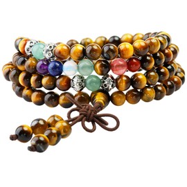 Shanxing 6mm Tiger's Eye & Chakra Crystal 108 Prayer Beads Mala Wrap Bracelet for Men Women, Worry Beads Healing Crystal Bracelet Tibetan Buddhist Jewellery Gift Buddha Reiki Meditation Stone Necklace