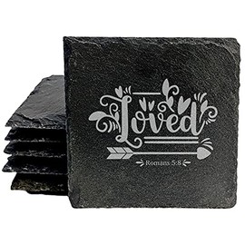 Faith and Hope: Laser Etched Faith & Flowers: Floral Coasters with Romans 5:8 - Square Slate - set of 8