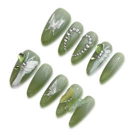 Wsliana Handmade Press On Nails - Long Almond Shape with Green Cat Eye Tip, 3D Butterfly and Diamond Heart Design, 10pcs Glue On Acrylic Fake Nails with Storage Box | Elegant Nail Kit (052 S)