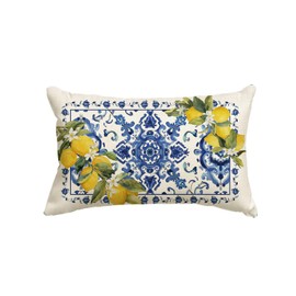 Summer Lemon Throw Pillow Cover, 12 x 20 Inch Blue and White Porcelain Style Cushion Case Decoration for Sofa Couch