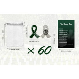 TSTZTE 60 Set Funeral Ribbon Pins Memorial Pin Forever in Our Hearts Lapel Pin Remembrance Brooch with Prayer Cards & Organza Bags (Green)