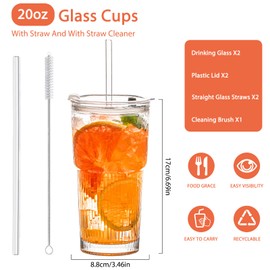 20oz Glass Tumblers with Lids and Straws, Set of 2 - Stylish Ribbed Design Drinking Glasses for Iced Coffee Cups, Juice, Smoothies, Cold Beverages, Includes Cleaning Brush, Durable Glassware