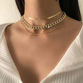 TseenYi Mehrlagige Klobige Kette Halskette Gold Kubanische Kette Choker Halskette Schlange Kette Schichtung Halskette Punk Mehrlagige Dicke Kette Halskette Schlange Flache Kette Halskette