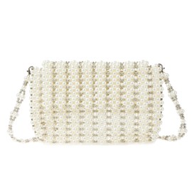 Abvokury Acrylic Beaded Faux Pearl Clutch with Detachable Strap Evening Handbag for Wedding and Party, White