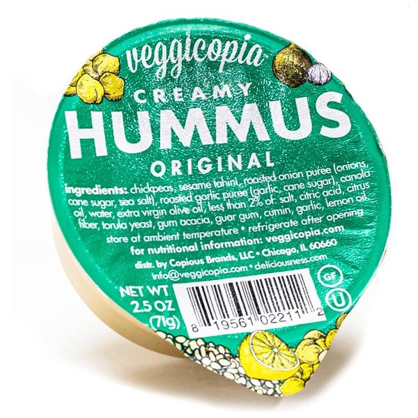 Veggicopia Creamy Original Hummus, High Protein Snack, Shelf-stable take anywhere, Michelin star chef crafted, All Natural, Gluten free, Non Dairy, Vegan, 2.5 oz dip cup singles (Pack of 12)