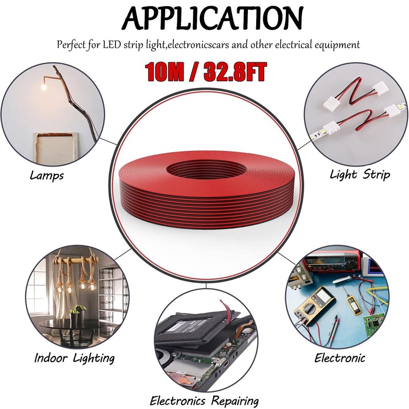 10M/32.8FT Electrical Wire 22AWG, 2-Core Red/Black, 10m PVC Insulated Copper